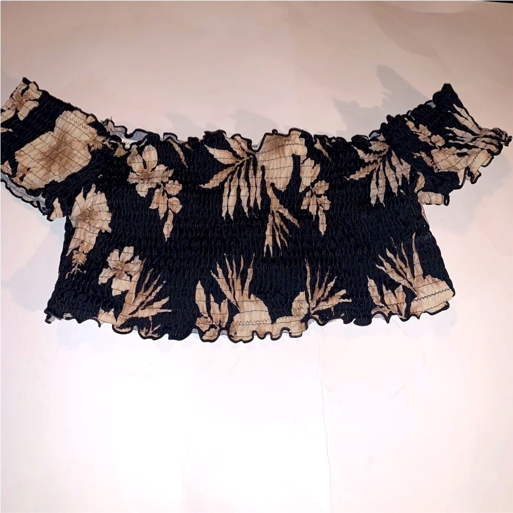 PINK Victoria's Secret Black and Tan Floral Off-Shoulder Bikini Top